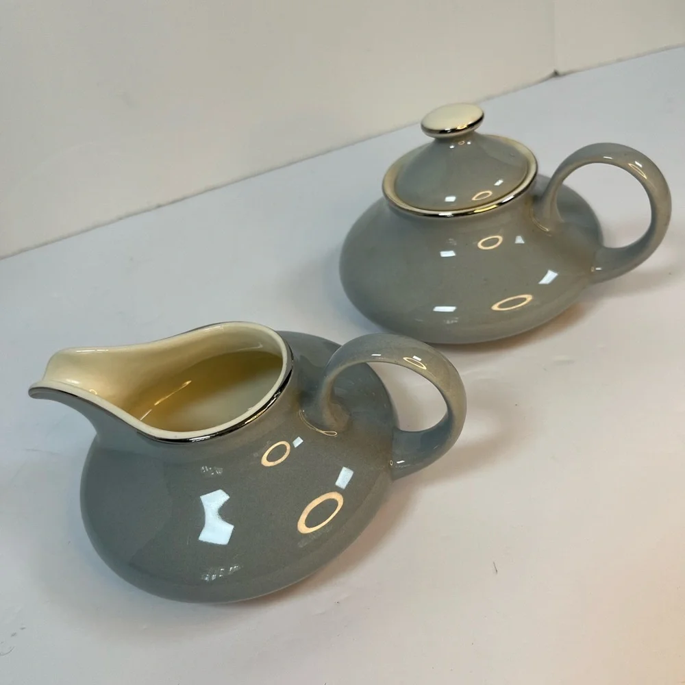 Harker Pottery Co Sugar Bowl And Creamer set 22 35Kt Plated Pale Blue Coffee Tea